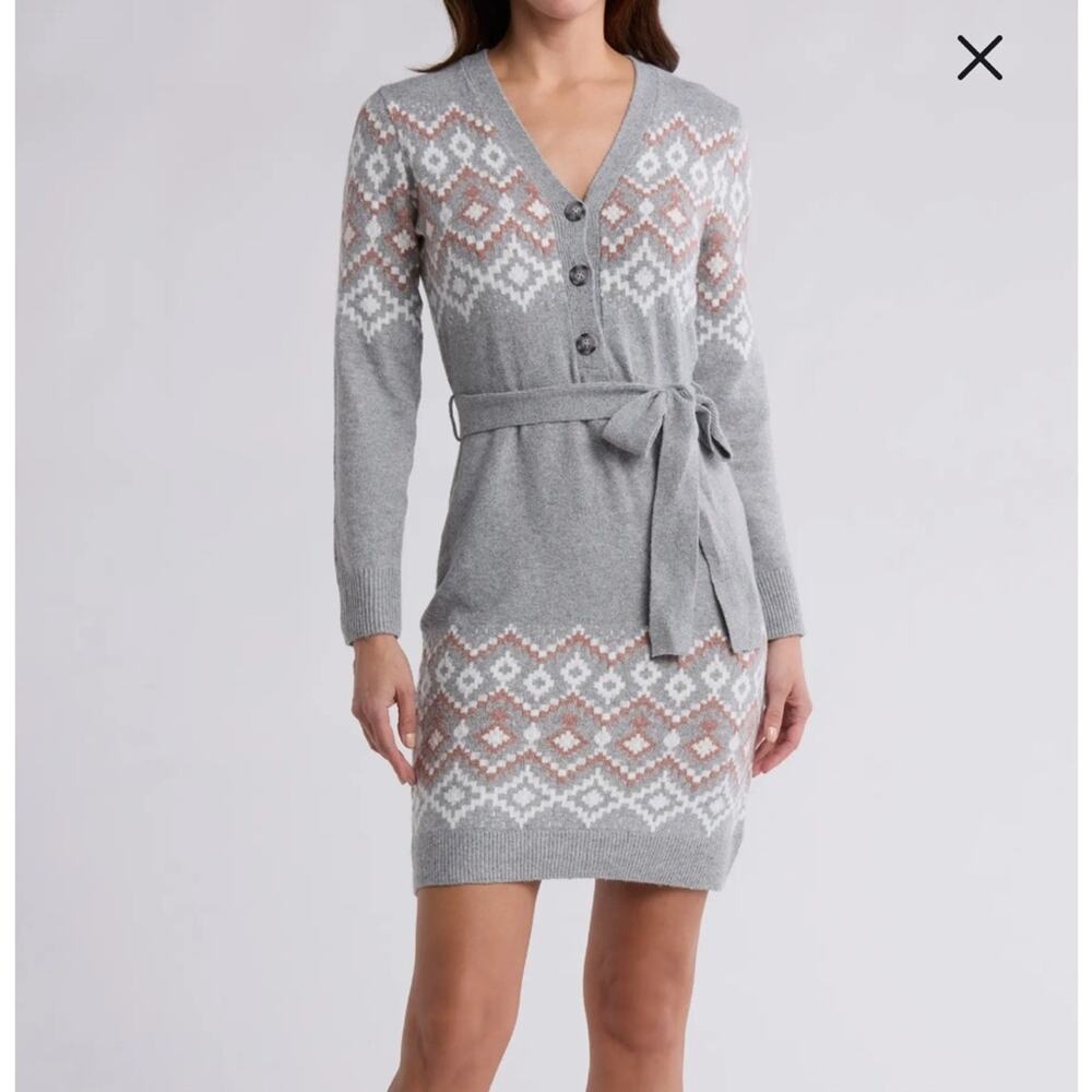 NWT Lucky Brand Gray‎ Pink Diamond Button Front Knit Sweater Dress Size 1X